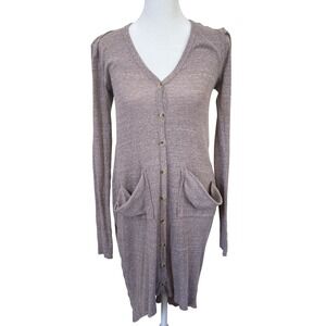 FP Beach Free People Long Cardigan XS Taupe Rib Knit Pocket‎ Duster Boho Lounge